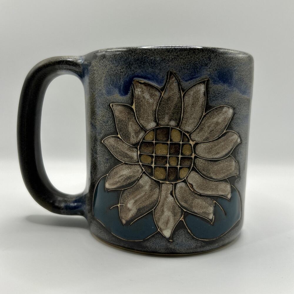 Signed Mara of Mexico Bluish Stoneware Art Pottery Sunflower Coffee Mug Tea Cup